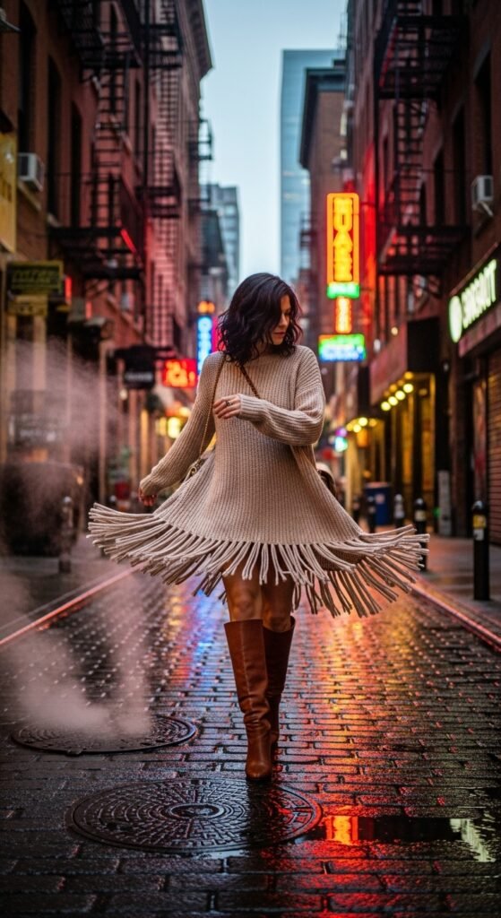 Sweater Dress with Fringe Details