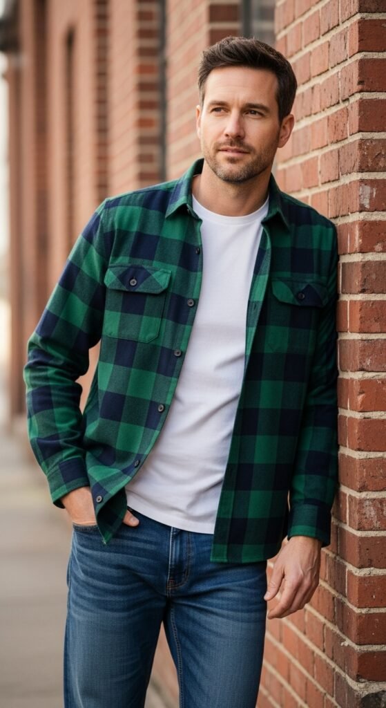 Green Flannel Over a Neutral Tee