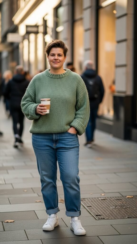 Classic Green Sweater With Blue Jeans