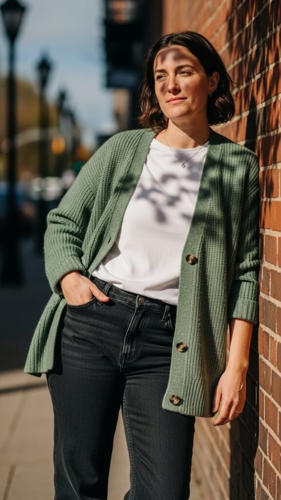 Green Cardigan Over a White Tee