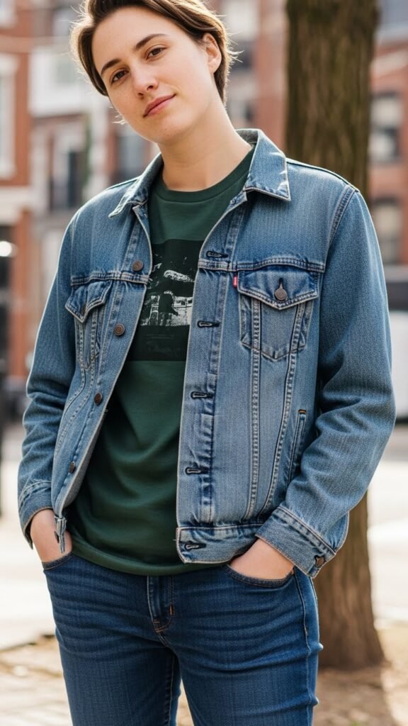 Green Graphic Tee With Denim Jacket
