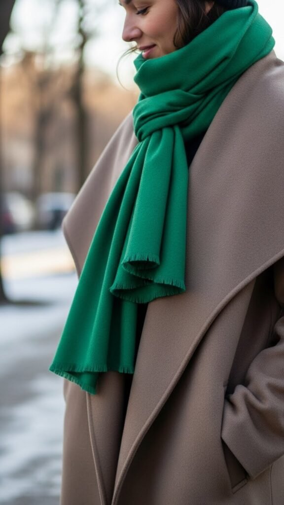 Green Scarf With Neutral Coat