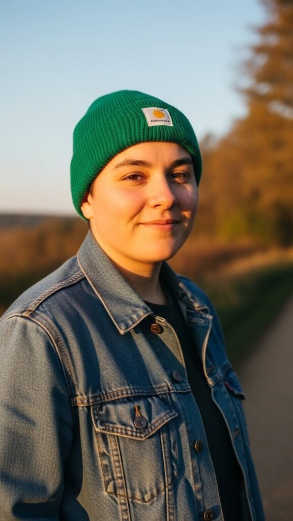 Green Beanie With Denim Layers