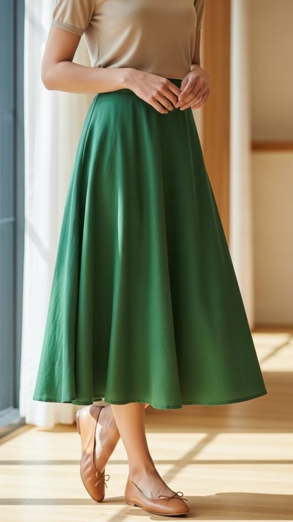 Green Skirt With Neutral Top