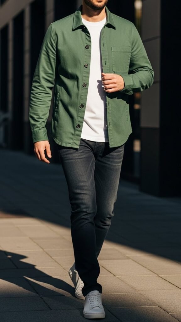 Green Overshirt Layered Outfit