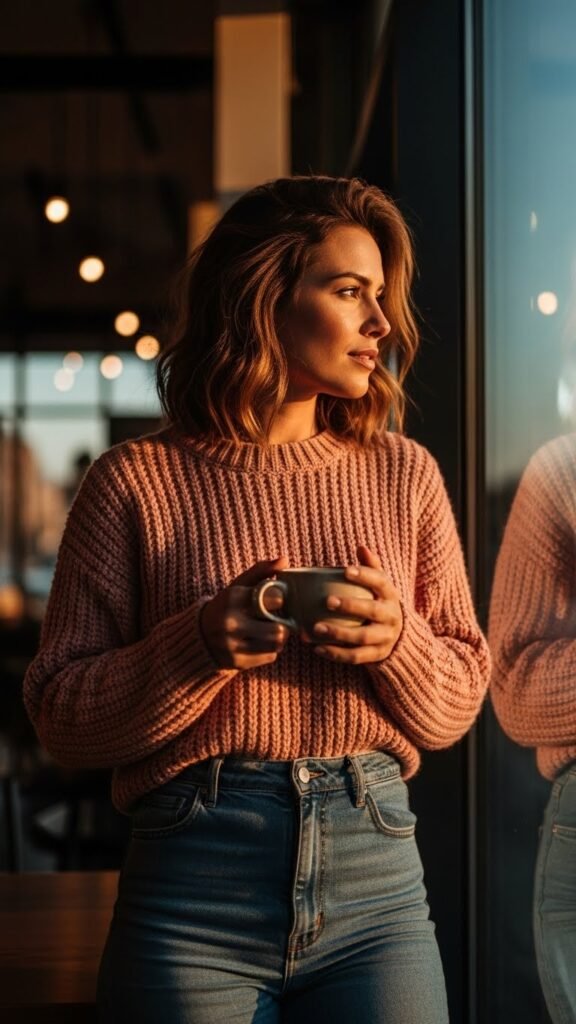 Soft Blush Sweater with Tailored Jeans