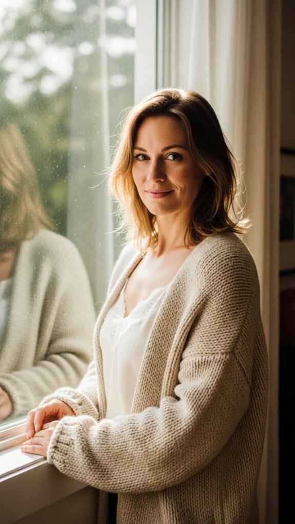 Cream Cardigan over a Lace Camisole