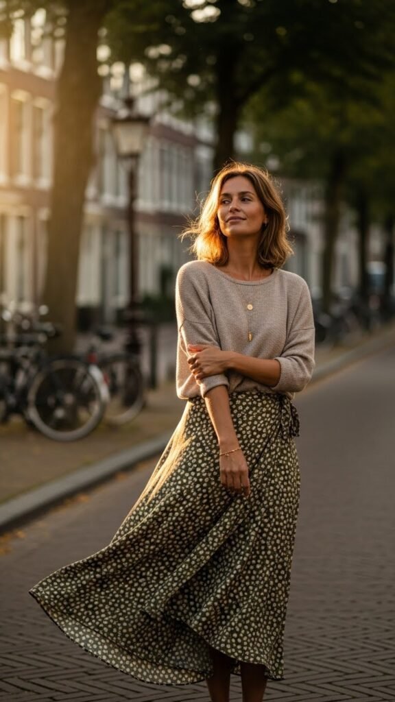 Wrap Skirt with a Neutral Knit Top