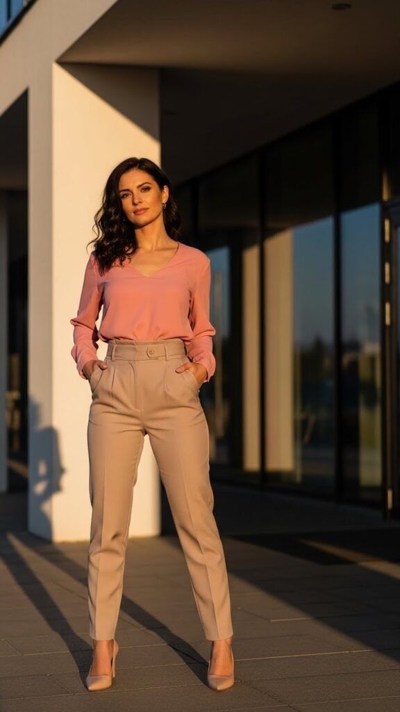 Soft Pink Blouse with High-Waisted Pants