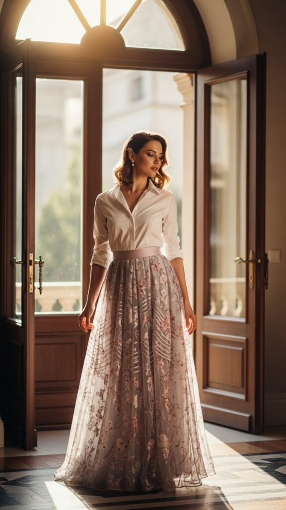 White Button-Up with a Romantic Skirt