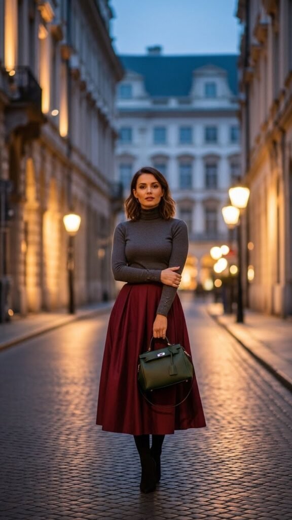 Layered Turtleneck with a Midi Skirt