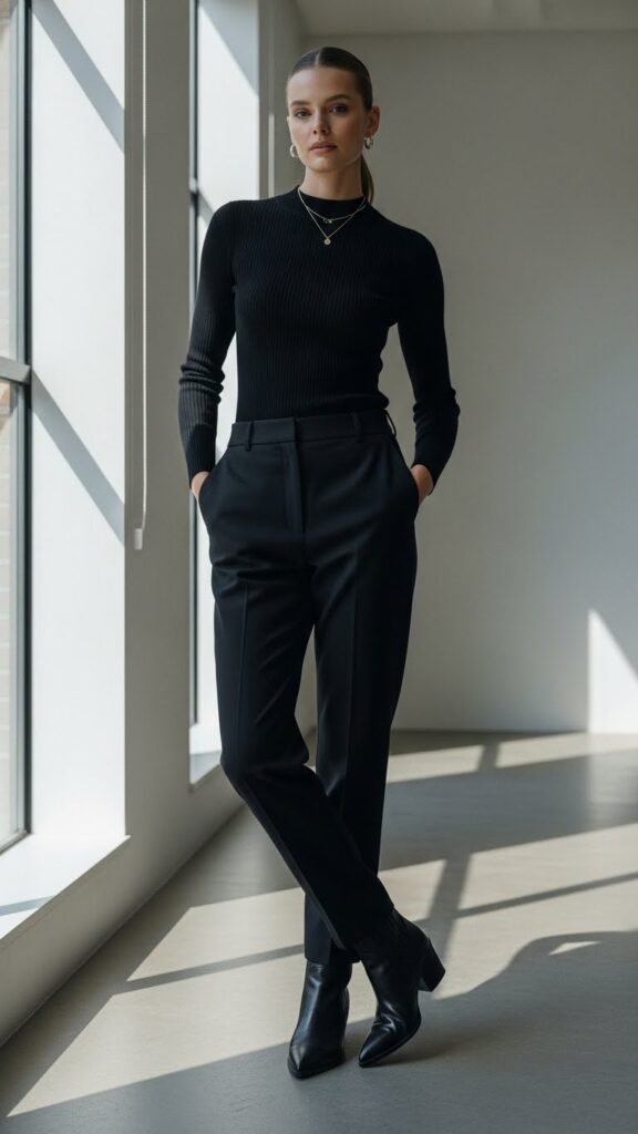 Black Trousers and Fitted Knit Top