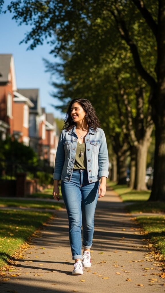 Denim Jacket With Green Top and Sneakers