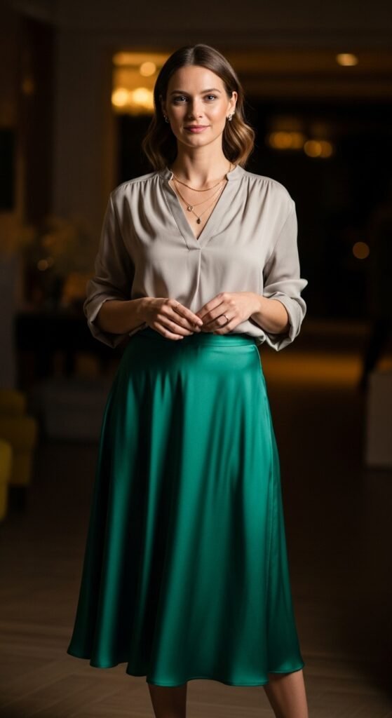 Emerald Satin Skirt With a Neutral Top