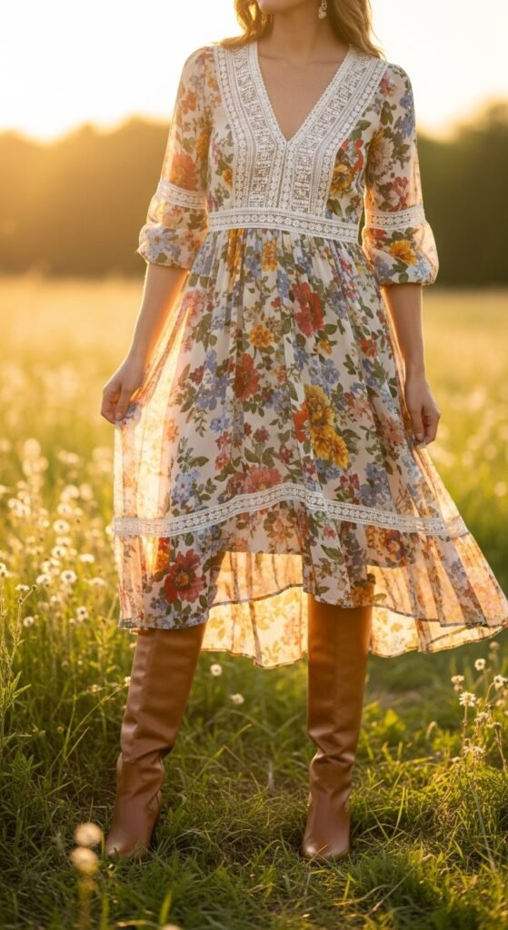 Floral Dress with Tan Boots