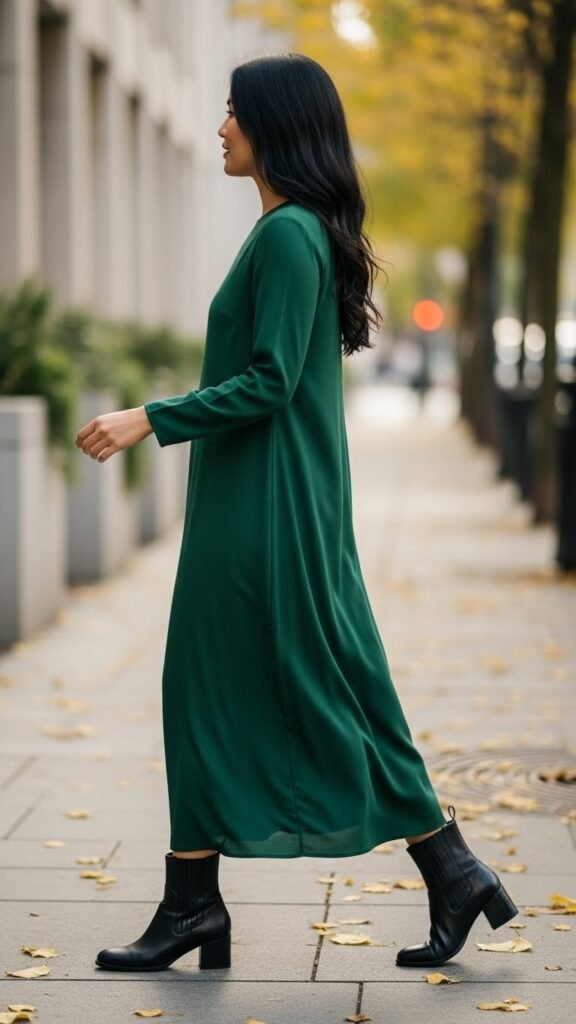 Forest Green Midi Dress With Long Sleeves