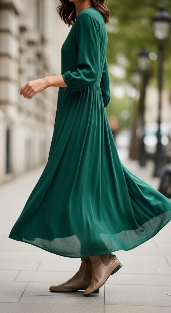 Forest Green Midi Dress with Flat Boots