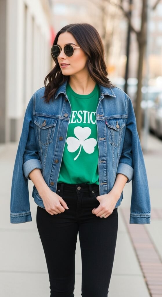 Green Graphic Tee With Denim Jacket