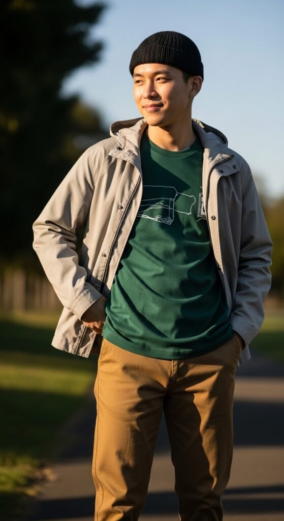 Green Graphic Tee With a Neutral Layer