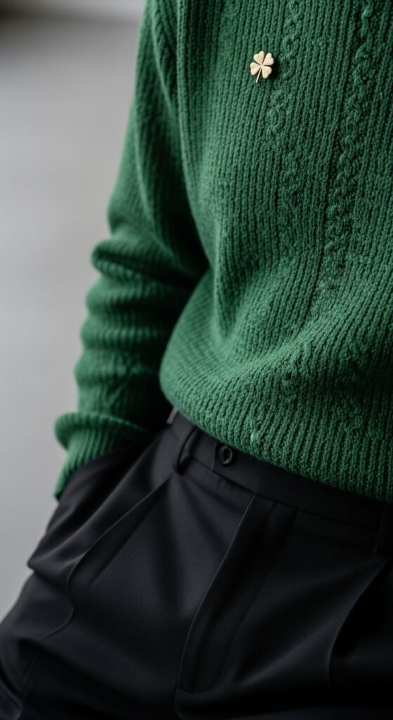 Green Knit Sweater and Black Pants
