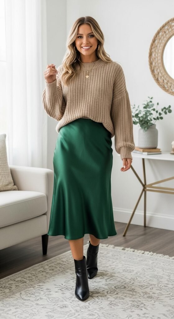 Green Satin Skirt With Neutral Knit