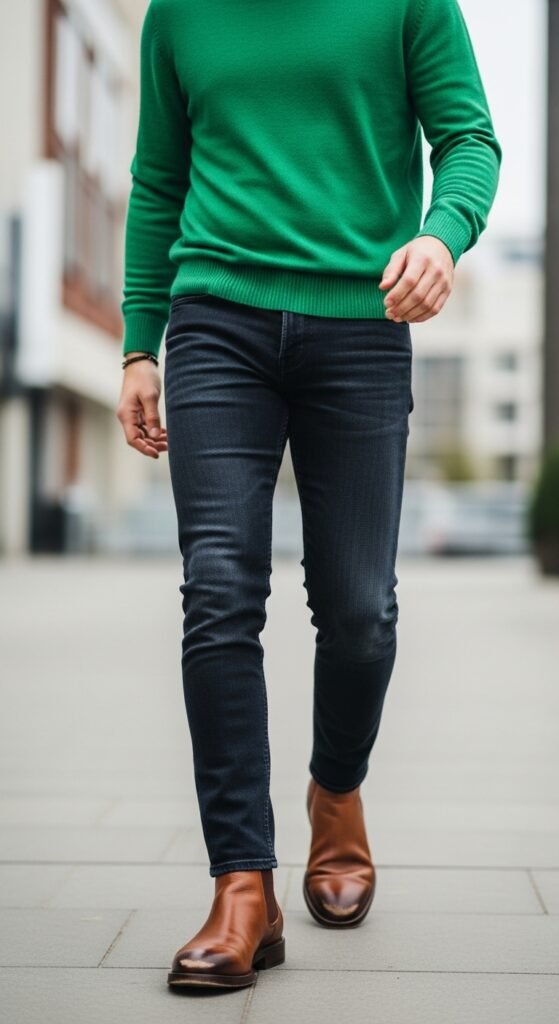 Green Turtleneck and Brown Chelsea Boots