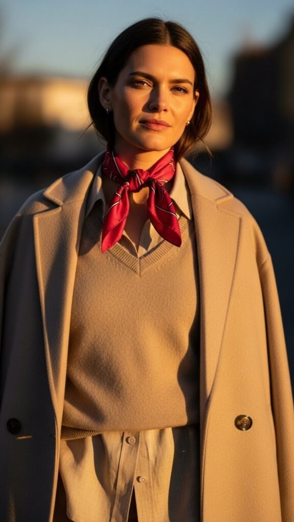 Soft Beige Layers with a Pop of Red