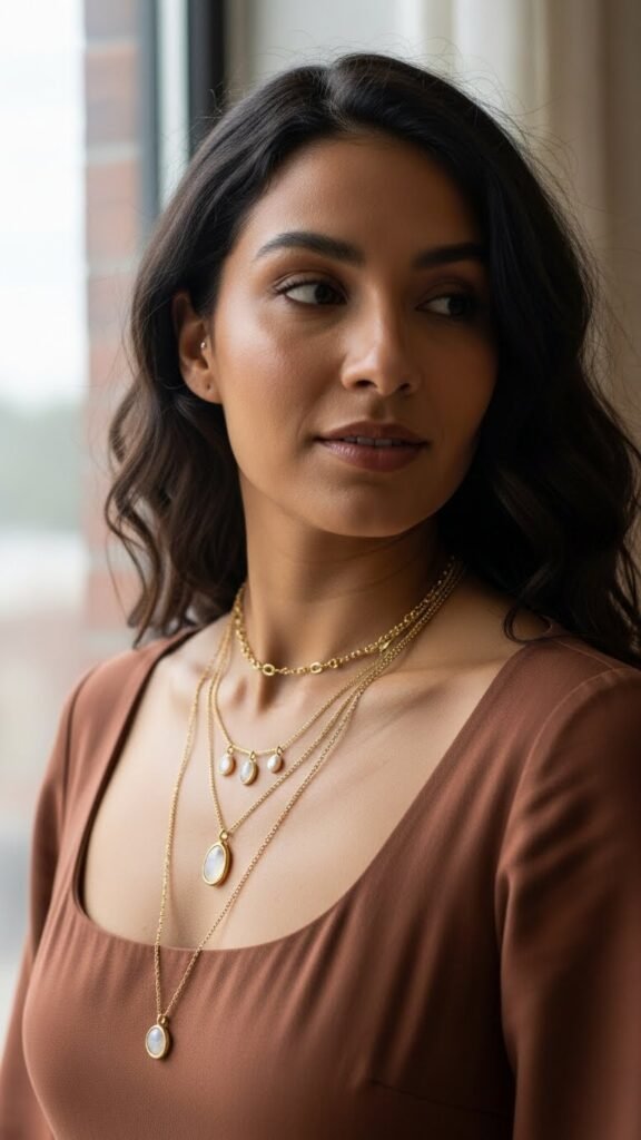 Layered Necklace Look with a Plain Dress