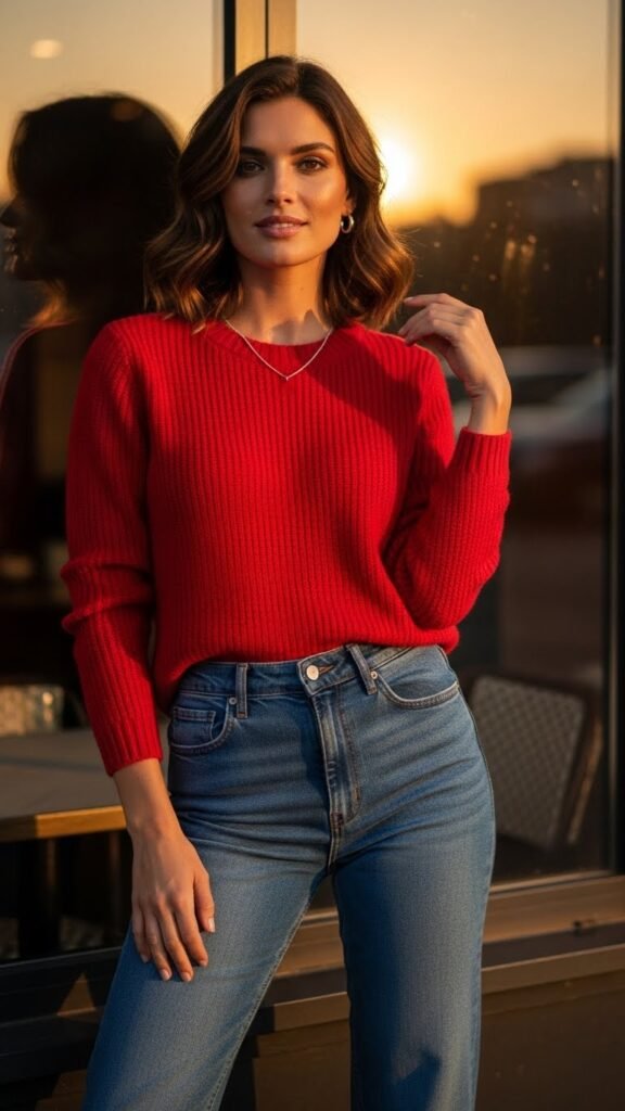 Classic Red Sweater With Straight-Leg Jeans