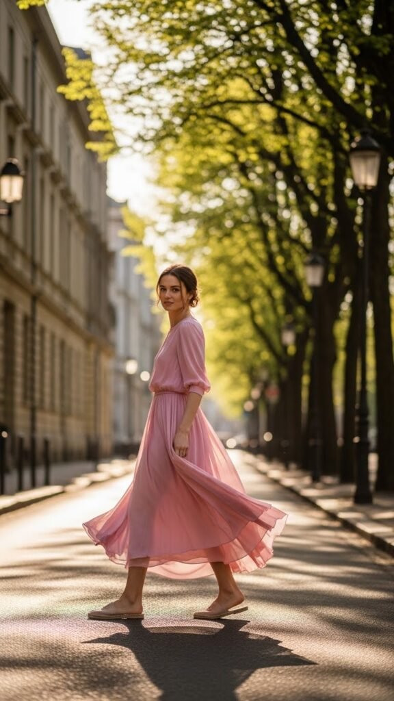 Soft Pink Midi Dress With Flats