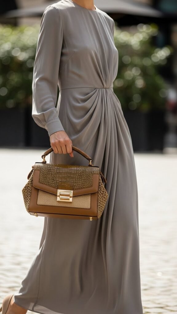  Neutral Dress With Textured Bag