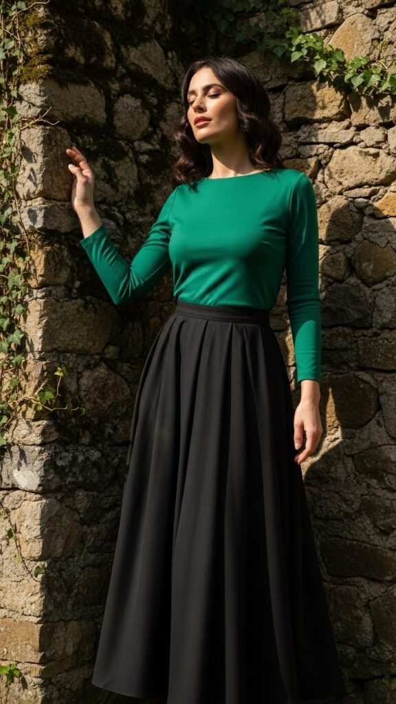 Emerald Top With Black Midi Skirt
