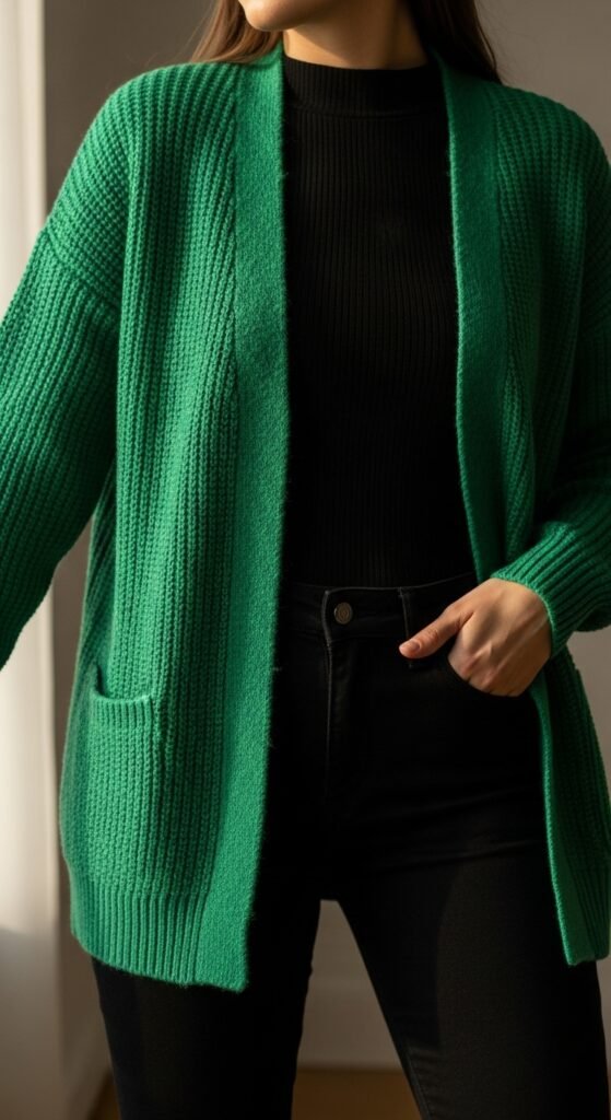 Kelly Green Cardigan with Black Basics