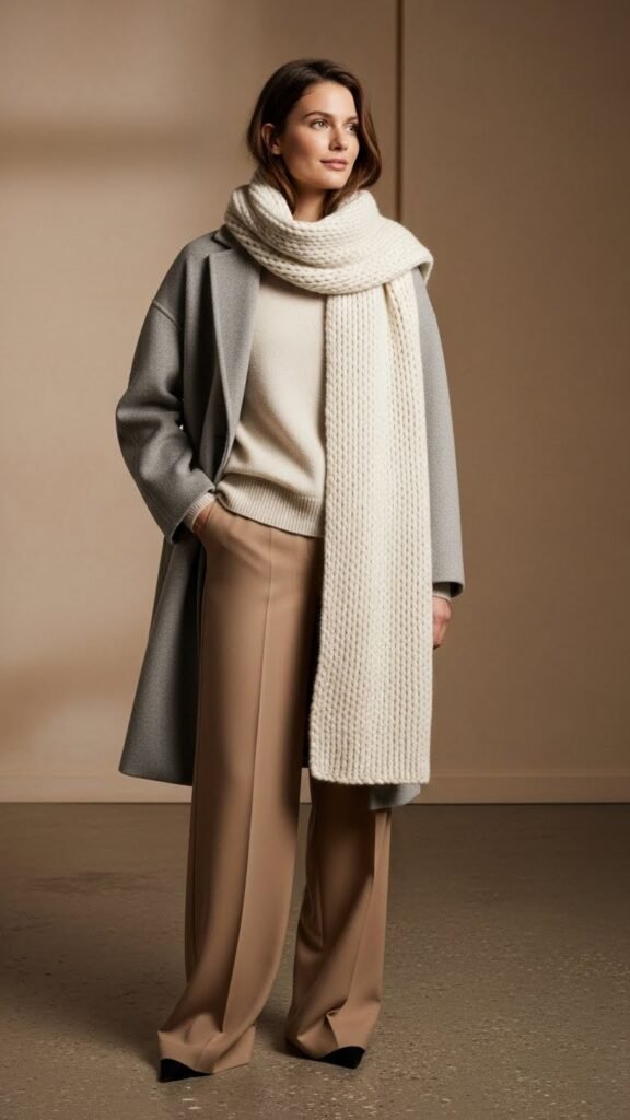 Neutral Layered Outfit With Scarf