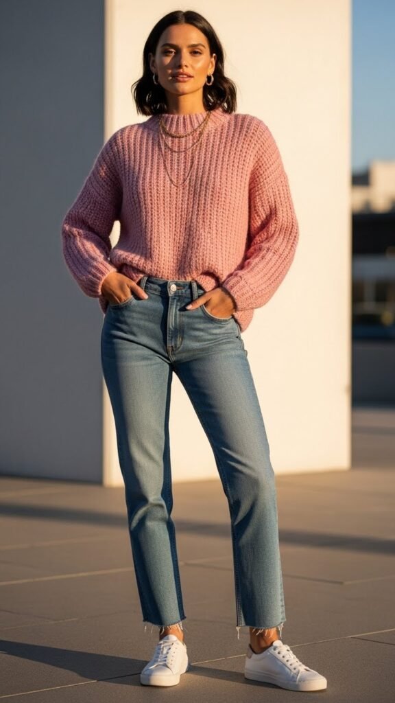 Soft Pink Sweater With Straight Jeans