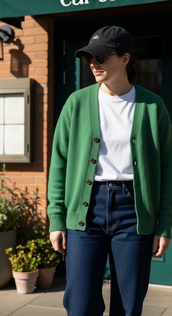 White Tee, Green Cardigan, Dark Denim
