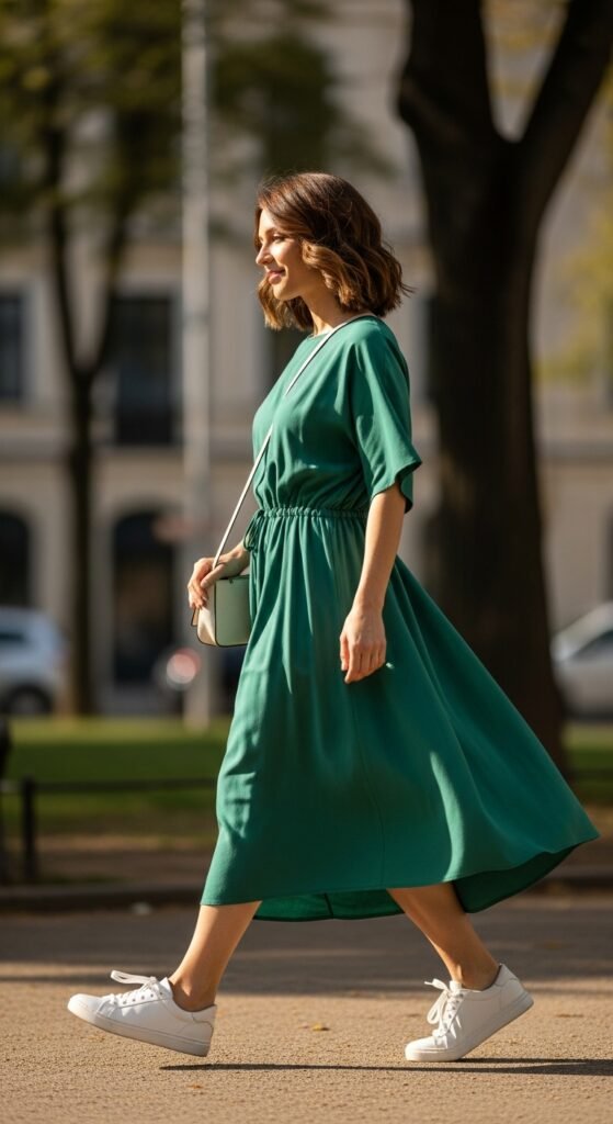 Green Midi Dress With White Sneakers